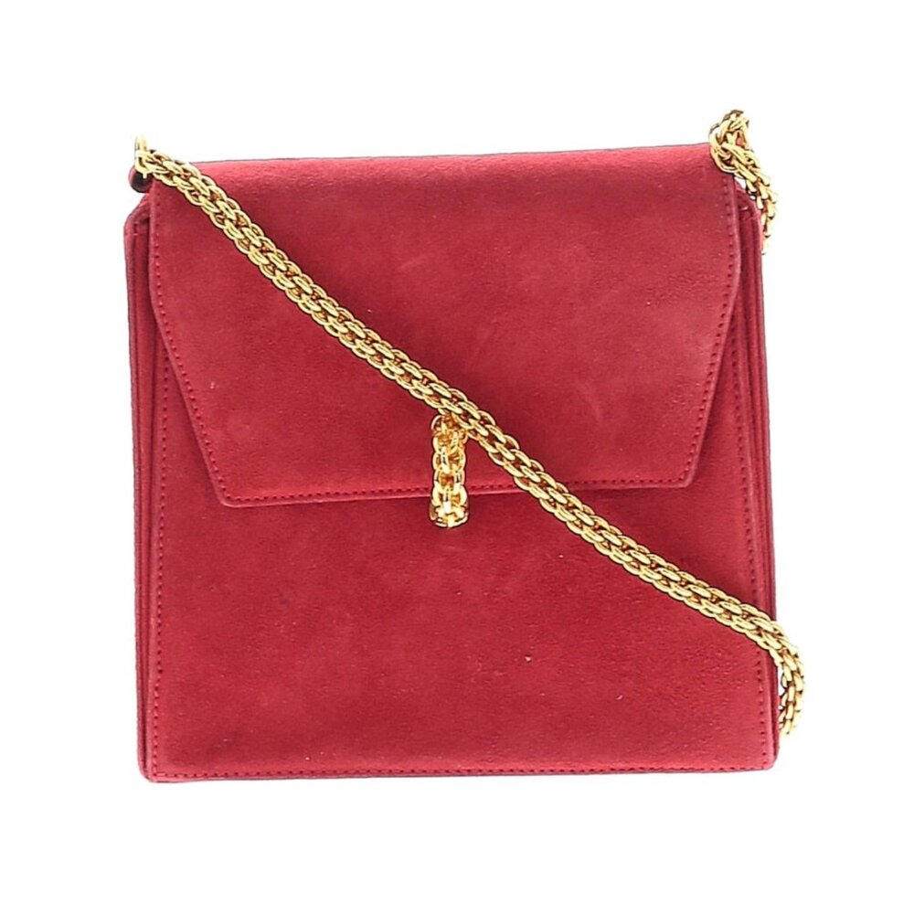 Paloma Pisasso Red Suede w. Gold Upright Chain Crossbody Purse 6.5"x6.25"x3"
